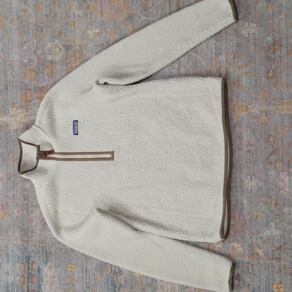 Patagonia Cream Sherpa Half-Zip Pullover with Brown Trim - Picture 1 of 7